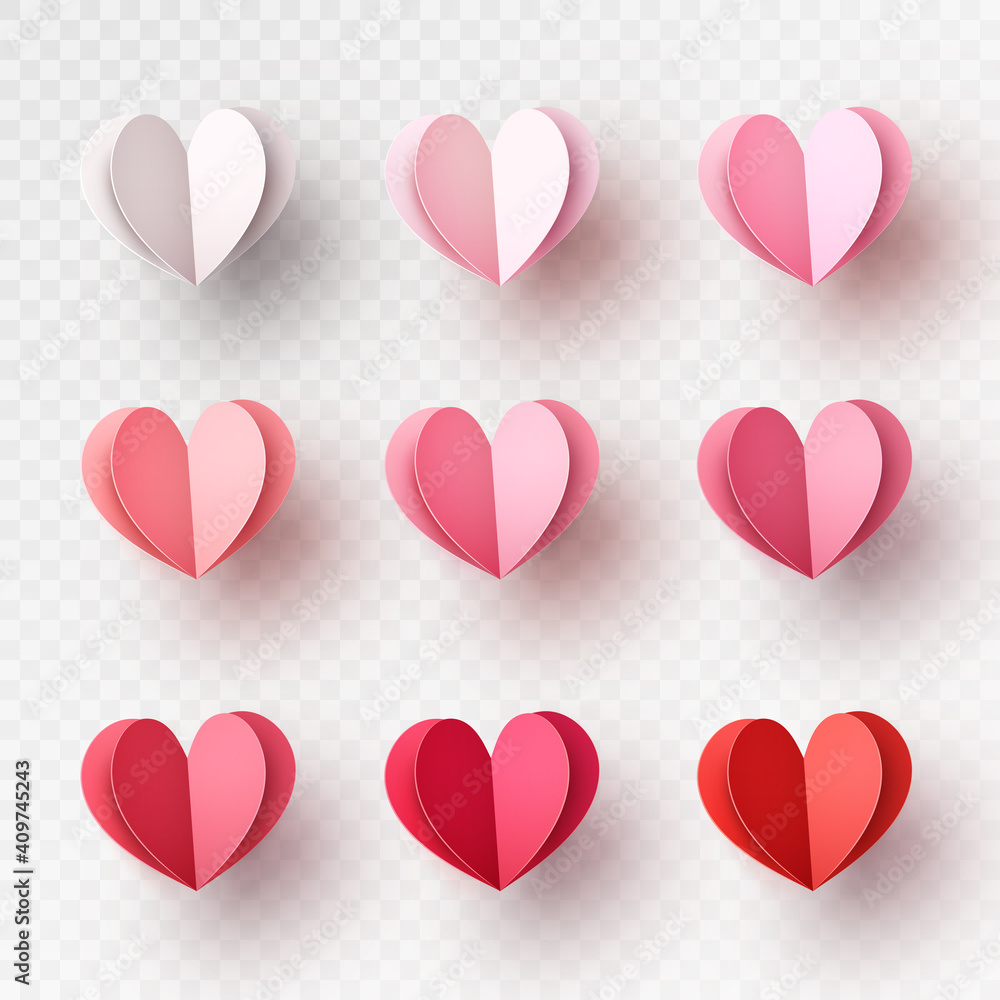 Hearts balloons set isolated on transparent background. Vector paper pink, red symbols of love template for Happy Mother's or Valentine's Day greeting card design Hearts balloons set isolated on transparent background. Vector paper pink, red symbols of love template for Happy Mother's or Valentine's Day greeting card design