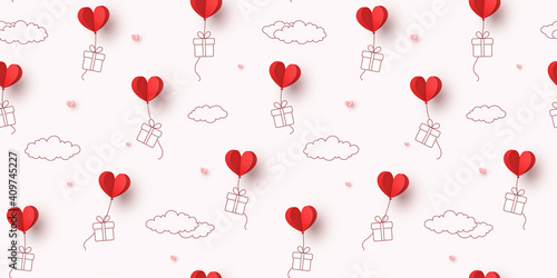 Hearts balloons and gift boxes seamless pattern. Vector paper red symbols of love flying on sky background for Happy Mother's or Valentine's Day greeting card design