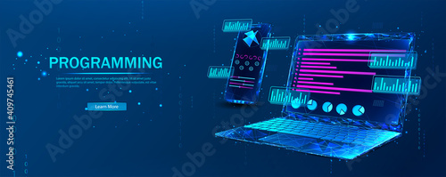 Software, web development, programming concept. Abstract programming language and program code on the laptop screen. Technological process of software development. Software development.