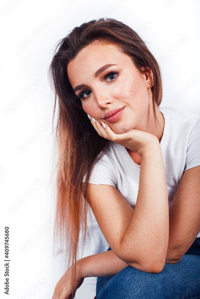 young blond woman on white backgroung gesture thumbs up, isolated emotional posing young blond woman on white backgroung gesture thumbs up, isolated emotional posing