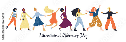 Womens day (IWD) - International  women's rights Day and femininity day. 8 March. Different nationalities. Set of vector illustrations for greeting card, banner. Minimal trendy woman. Multicultural.