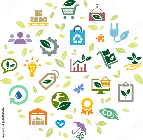 Ecological product & packaging vector illustration. Green concept with icons related to environmentally friendly shopping or ecommerce business, sustainable procurement, purchasing or logistics.