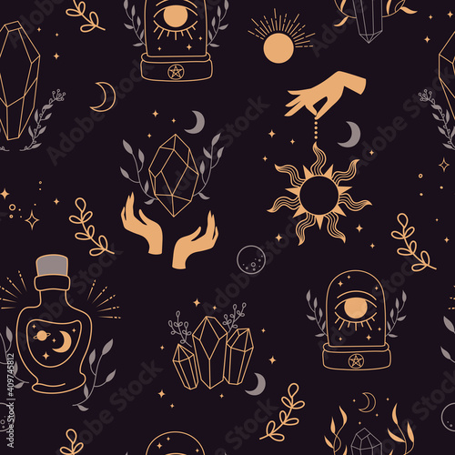 Mystical seamless background. Hand-drawn. Background with esoteric symbols. Silhouette of hands, planets, stars, moon phases and crystals. vector illustration. Esoteric symbols and witchcraft. EPS 10