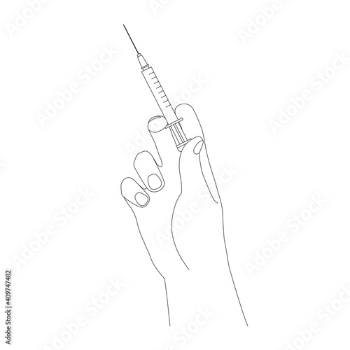 Hand holding medical syringe with medication in line style vector illustration