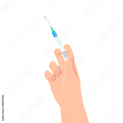Hand holding medical syringe with medication vector illustration