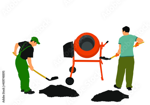 Workers crew with shovel put gravel in concrete mixer vector illustration. Working on construction site. Laborer man with spade digging earth. Digger mining. Manual industry building new house.