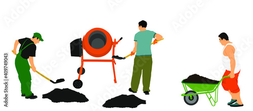 Workers crew with shovel put gravel in concrete mixer vector illustration. Working on construction site. Laborer man with spade digging earth. Digger mining. Industry building house. Wheelbarrow man