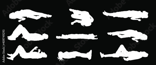 Unconscious man with injury lying down vector silhouette. Traffic accident patient after car crush needs medic help. First aid rescue victim. Boy needs doctor emergency. Dead family, woman on ground. 