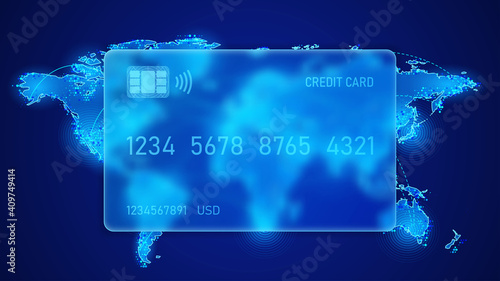 Vector. Glass morphism style. Map of the planet Earth on a dark blue background. Continents and countries. Translucent frosted glass bank card. International payment systems. 
