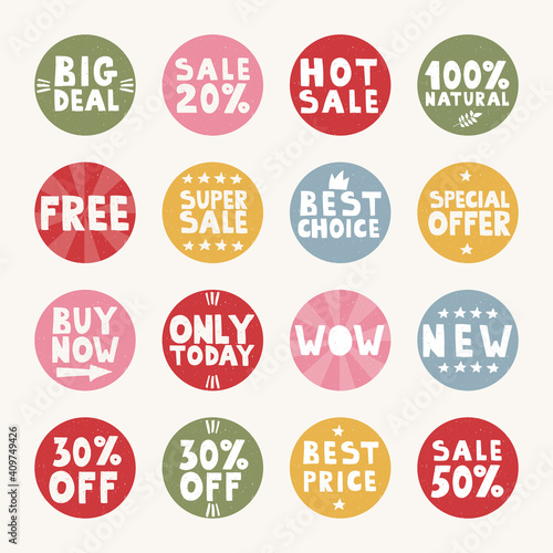 Set of vector round tags for sales promotion. Colored handwritten lettering stickers - best price, new, hot sale, best choice. Illustrations of labels and logos.