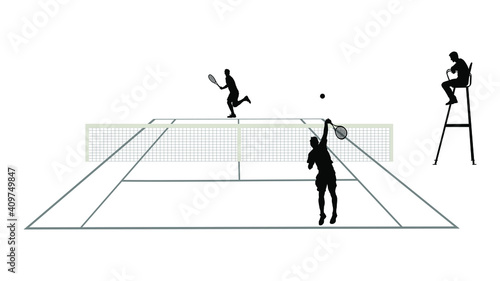 Man tennis players vector silhouette illustration isolated on white background. Tennis match duel with judge on court.Sport competition. Sportsman recreation after work, anti stress therapy.
