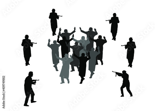 Soldiers with rifle defeated enemy and forced them to surrender. Warriors arrest in war action after battle. Soldiers captured and surrender with raised hands in height vector silhouette illustration.