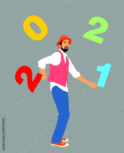 Performer Artist acrobat juggling with numbers. Happy New Year 2021 animator entertainment.  Juggler artist vector illustration isolated on background. Clown in circus. Street actor jester.