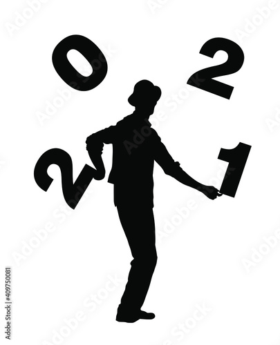 Performer artist acrobat juggling with numbers, juggler vector silhouette illustration isolated on white background. Happy New Year 2021 animator entertainment. Clown in circus. Street actor jester.