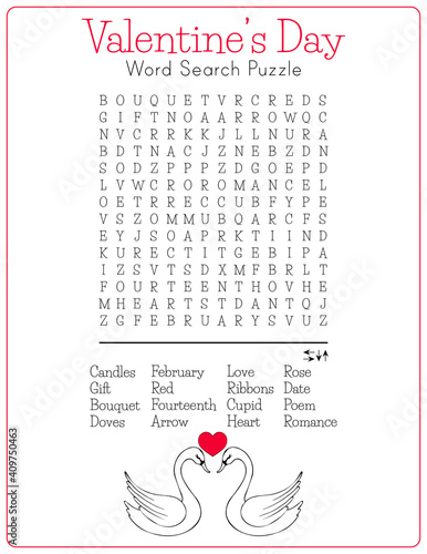 St. Valentine's Day word search puzzle with  swans. Educational game for learning English. Printable party card. Activity worksheet for kids and adults. Find hidden words about love. 