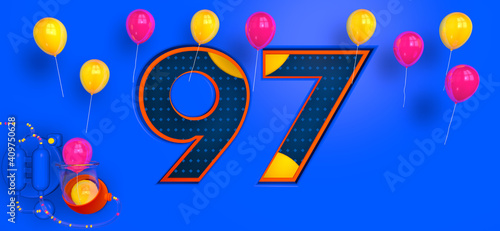 Number 97 in thick letters on a blue wall next to a machine that ejects balloons through a glass tube and they remain floating. 3D Illustration