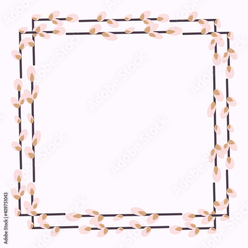 square frame made of willow twigs. Square Easter Frame.Vector flat illustration isolated on a white background. Design for invitations, postcards, printing.