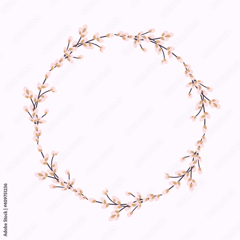 Willow wreath. Round frame made of willow twigs.Easter wreath made of willow stalks.Design for postcards, printing. Willow wreath. Round frame made of willow twigs.Easter wreath made of willow stalks.Design for postcards, printing.