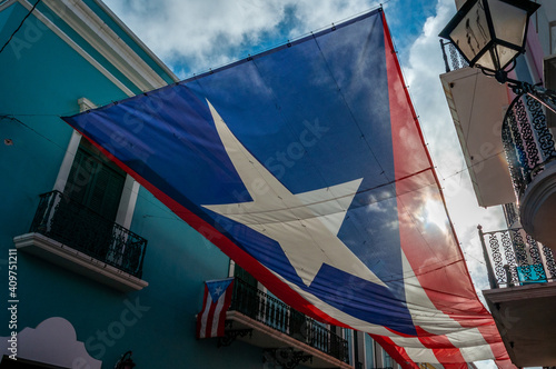 Large Puerto Rican Flag Hanging in the Streets of Old San Juan, Puerto Rico