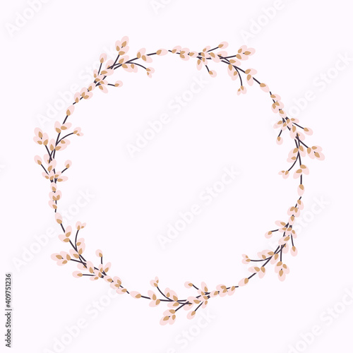 Willow wreath. Round frame made of willow twigs.Easter wreath made of willow stalks.Design for postcards, printing.