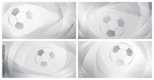 Set of four football or soccer backgrounds with big ball in gray colors