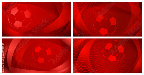 Set of four football or soccer backgrounds with big ball in red colors