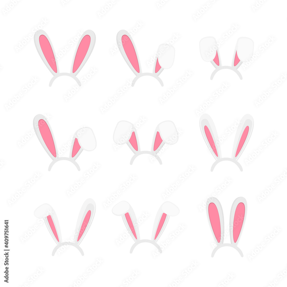 Easter bunny ears mask set. Cute rabbit ears for spring time celebration isolated on white background. Collection of elements for hare costume. Vector cartoon illustration.