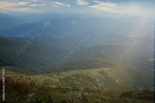 Carpathians mountain range at summer morning. Beauty of wild virgin Ukrainian nature. Peacefulness © volody10