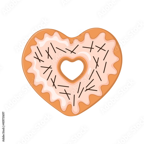 Heart shaped donut isolated on white background. Doughnut decorated with pink sugar icing and chocolate sprinkles. Delicious dessert, sweet snack for Valentines day. Vector cartoon illustration.