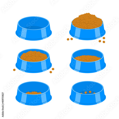 Dog or cat food bowls set. Pet plastic plates empty and full with dry food isolated on white background. Vector cartoon illustration.