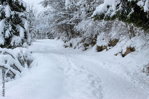 Snow trail on the mountain Trebević. Snowy pathway. © Mahir