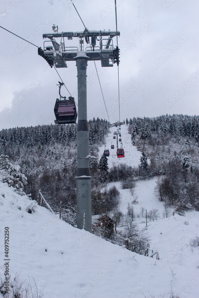 Obraz premium Sarajevo cable car towards the mountain Trebević. Sarajevo cable car in winter.