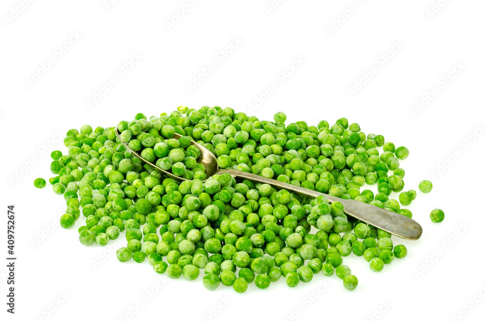 Pile of frozen blanched green peas isolated on white background. Healthy food. Studio Photo Pile of frozen blanched green peas isolated on white background. Healthy food. Studio Photo
