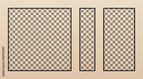 Laser cut panel collection. Vector template with abstract geometric pattern in Oriental style. Thin circular grid, mesh, net, lattice ornament. Stencil for laser cutting. Aspect ratio 1:1, 1:4, 1:2