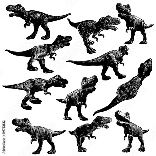 A large set with silhouettes of dynamo-doseworming tyrannosaur. Templates for designers. illustration.