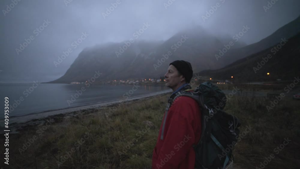 Hiker At Misty Fjord With Mountains Hiker At Misty Fjord With Mountains