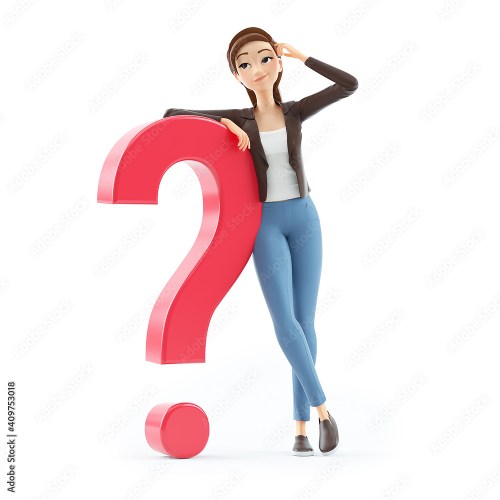 3d cartoon woman leaning against question mark 3d cartoon woman leaning against question mark
