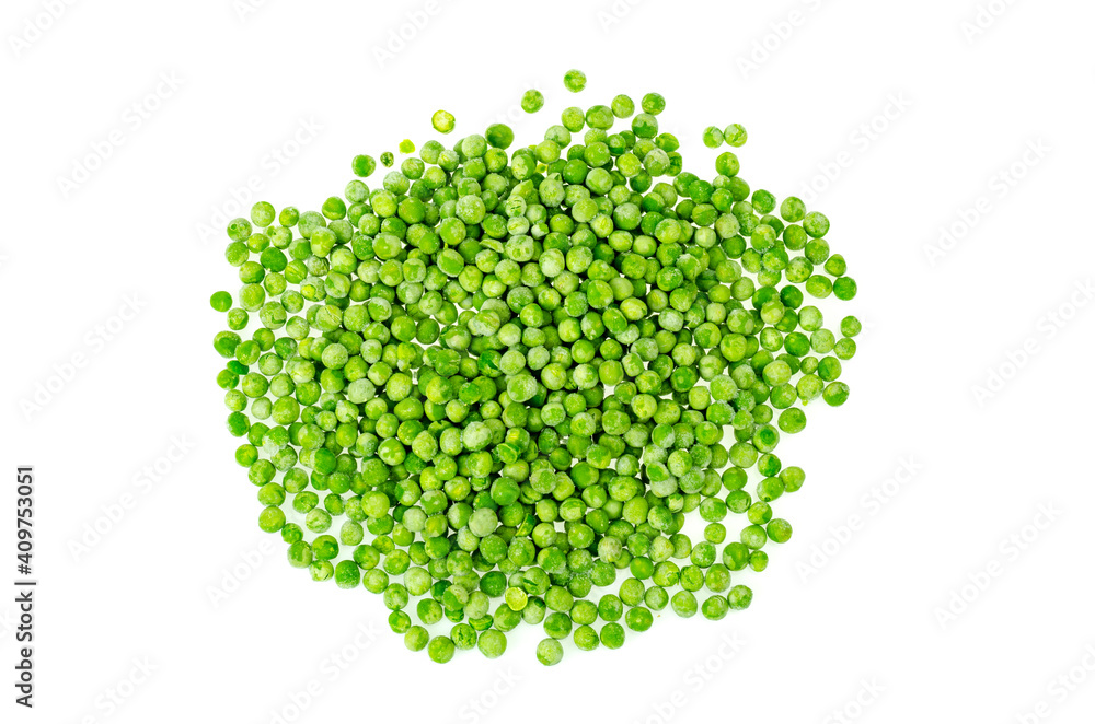 Pile of frozen blanched green peas isolated on white background. Healthy food. Studio Photo Pile of frozen blanched green peas isolated on white background. Healthy food. Studio Photo