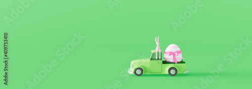 Cute Easter bunny sitting on green car and carrying colorful Easter egg. Easter holiday concept on green background 3d render 3d illustration