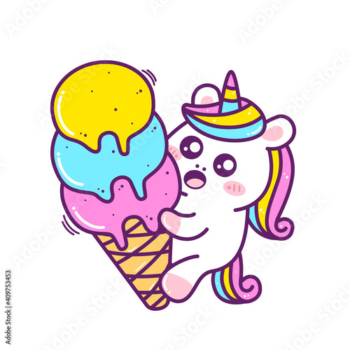 cute little unicorn with huge ice cream