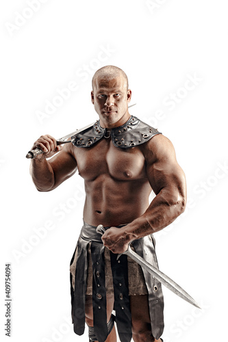 Tablou pe pânză Severe barbarian in leather costume with sword