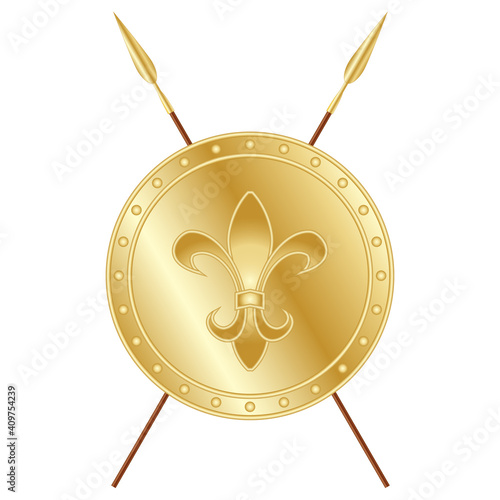 Golden shield and crossed spears, vector design