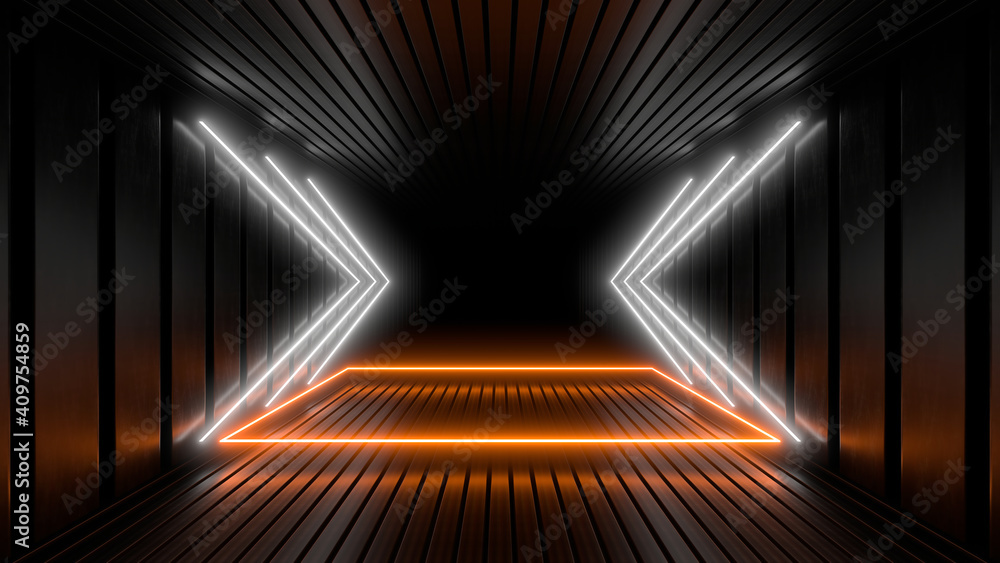 Sci Fy neon lamps in a dark tunnel. Reflections on the floor and walls. 3d rendering image. Sci Fy neon lamps in a dark tunnel. Reflections on the floor and walls. 3d rendering image.