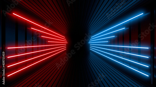 Fototapeta Naklejka Na Ścianę i Meble -  Sci Fy neon lamps in a dark tunnel. Reflections on the floor and walls. 3d rendering image.