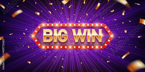 Big win. Retro big win congratulation banner with glowing light bulbs and golden confetti on a burst purple background. Winners of poker, jackpot, roulette, cards or lottery.