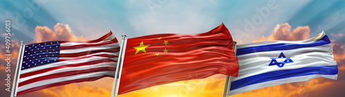 Photography United States of America Flag and Israel יִשְׂרָאֵל flag and China Flag waving w