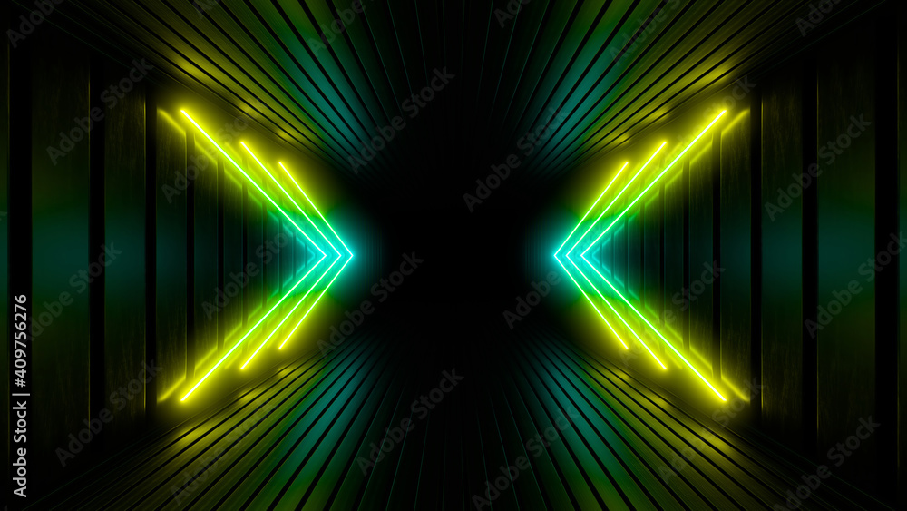 Sci Fy neon lamps in a dark tunnel. Reflections on the floor and walls. 3d rendering image. Sci Fy neon lamps in a dark tunnel. Reflections on the floor and walls. 3d rendering image.