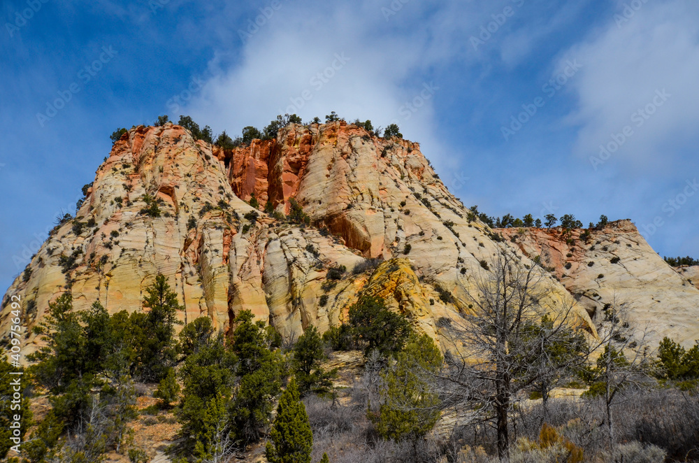 Cliffs in Zion National Park Utah, USA.  With cloudy blue sky during early spring.