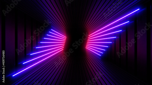 Fototapeta Naklejka Na Ścianę i Meble -  Sci Fy neon lamps in a dark tunnel. Reflections on the floor and walls. 3d rendering image.