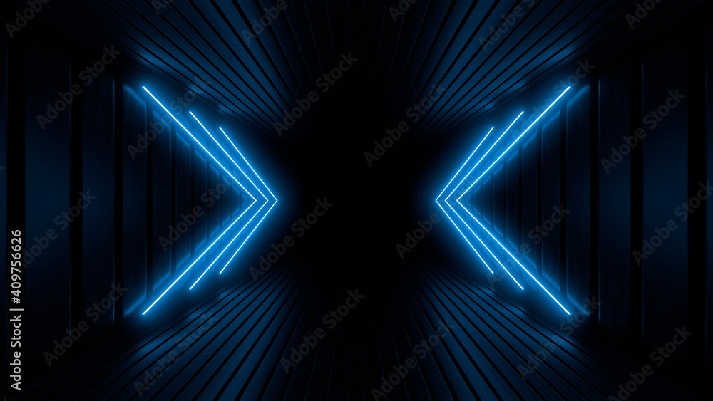 Sci Fy neon lamps in a dark tunnel. Reflections on the floor and walls. 3d rendering image. Sci Fy neon lamps in a dark tunnel. Reflections on the floor and walls. 3d rendering image.